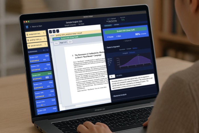 Professor grading papers with Markers Helper